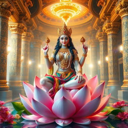 A beautiful feminine figure representing a Devi, with a captivating presence, sitting gracefully on a majestic lotus flower, adorned with intricate gold jewelry and colorful silk drapery, in a grand palace of Swarglok
