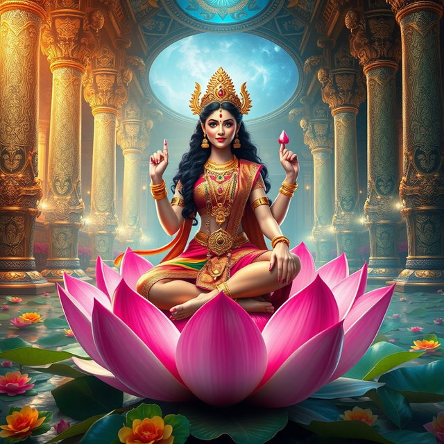 A beautiful feminine figure representing a Devi, with a captivating presence, sitting gracefully on a majestic lotus flower, adorned with intricate gold jewelry and colorful silk drapery, in a grand palace of Swarglok