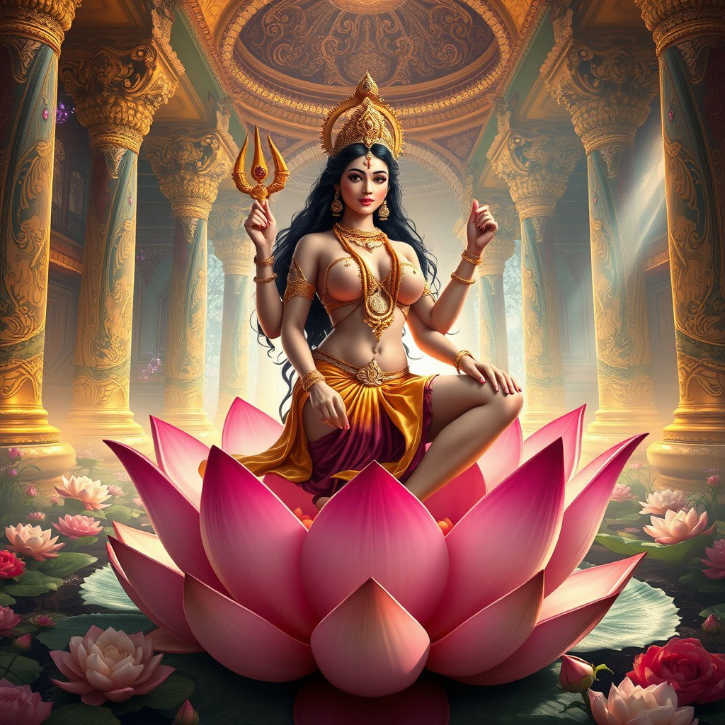 A beautiful feminine figure representing a Devi, showcasing an alluring presence, sitting gracefully on a majestic lotus flower with one leg elegantly extending out, featuring captivating curves and outlined by delicate gold jewelry and shimmering silk drapery