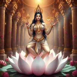 A beautiful feminine figure representing a Devi, showcasing an alluring presence, sitting gracefully on a majestic lotus flower with one leg elegantly extending out, featuring captivating curves and outlined by delicate gold jewelry and shimmering silk drapery