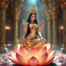 A beautiful feminine figure representing a Devi, showcasing an alluring presence, sitting gracefully on a majestic lotus flower with one leg elegantly extending out, featuring captivating curves and outlined by delicate gold jewelry and shimmering silk drapery