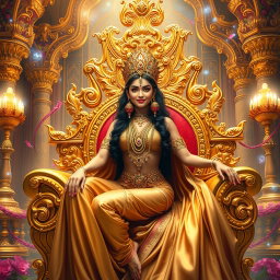 A stunningly beautiful Devi with captivating features, sitting on a lavish golden divine throne, radiating confidence and charm with a seductive smile