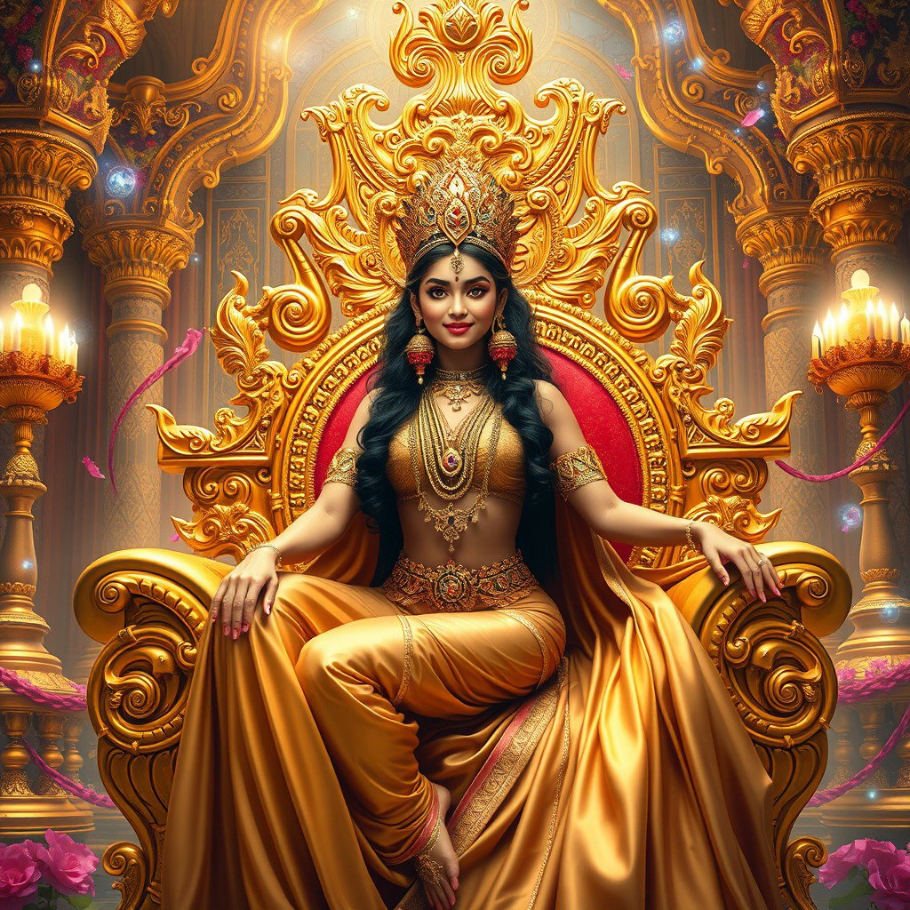 A stunningly beautiful Devi with captivating features, sitting on a lavish golden divine throne, radiating confidence and charm with a seductive smile