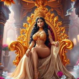 A stunningly beautiful Devi with captivating features, sitting on a lavish golden divine throne, radiating confidence and charm with a seductive smile