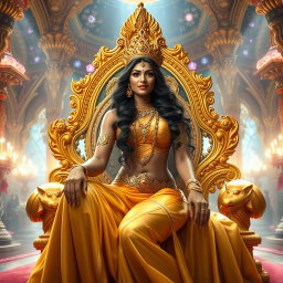 A stunningly beautiful Devi with captivating features, sitting on a lavish golden divine throne, radiating confidence and charm with a seductive smile