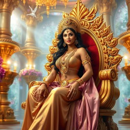 A stunningly beautiful Devi with captivating features, sitting on a lavish golden divine throne, radiating confidence and charm with a seductive smile