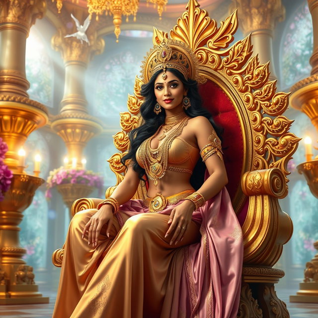 A stunningly beautiful Devi with captivating features, sitting on a lavish golden divine throne, radiating confidence and charm with a seductive smile