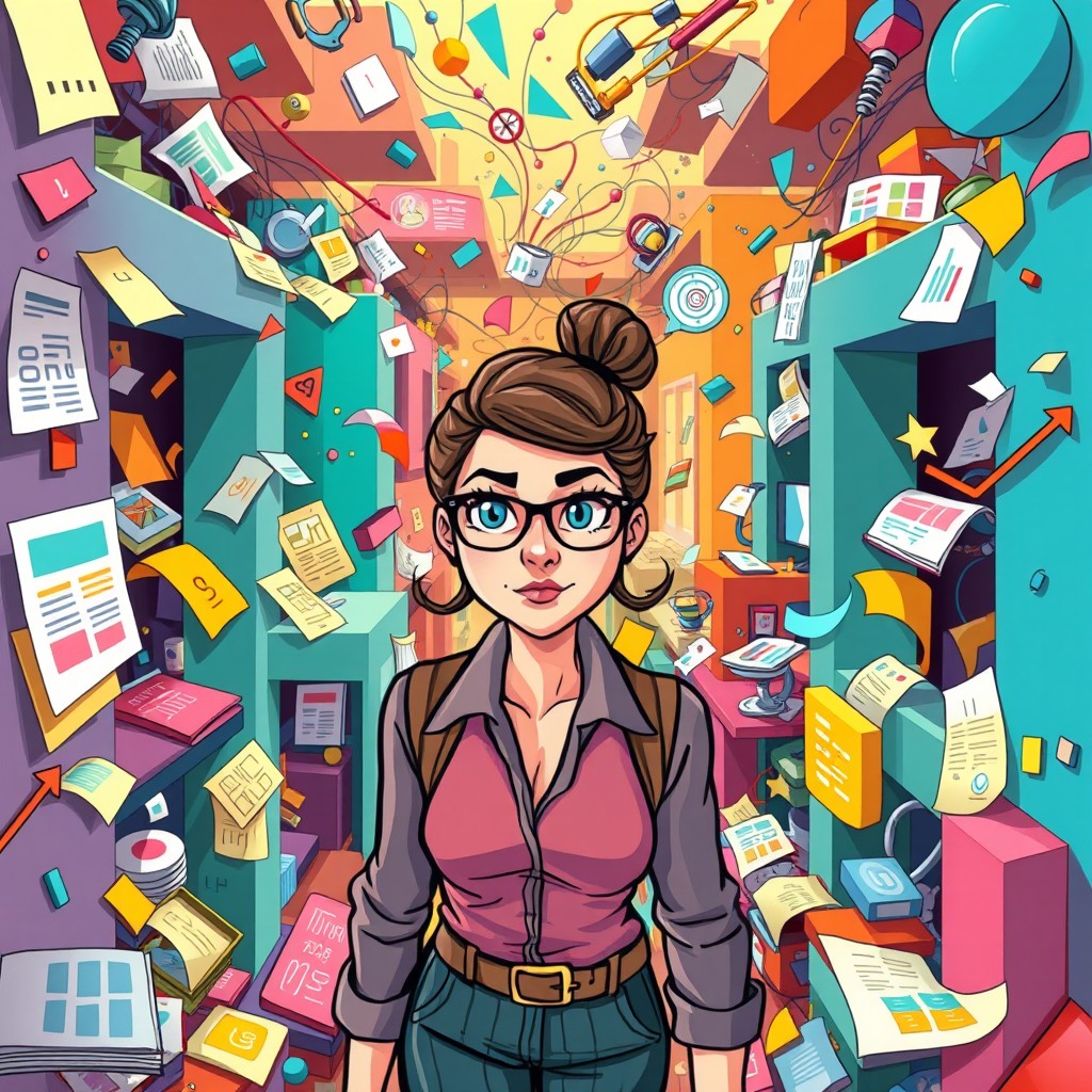 A creative and chaotic marketing environment inspired by the concept of a maze, filled with vibrant colors and abstract shapes