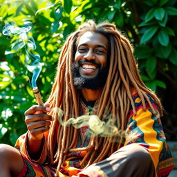 A rastafarian man with long, golden dreadlocks, wearing colorful traditional clothing