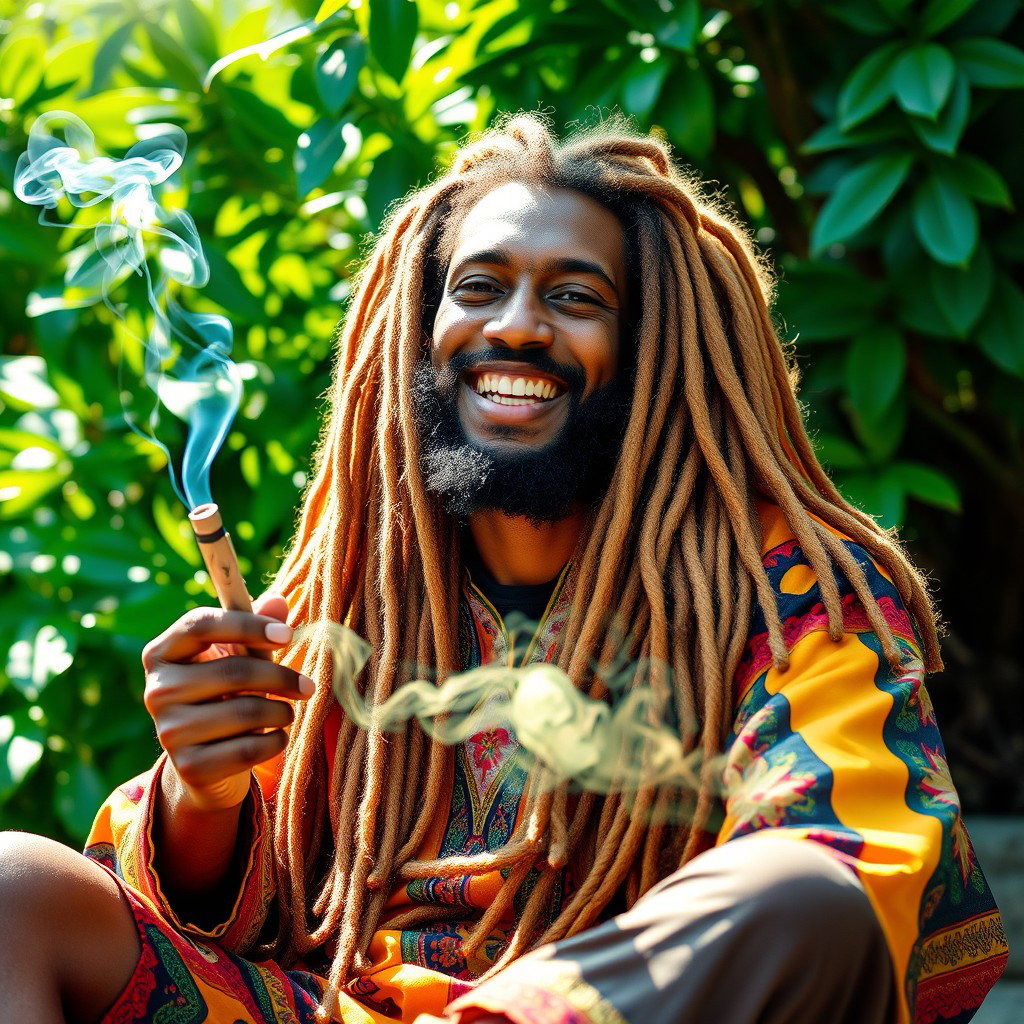 A rastafarian man with long, golden dreadlocks, wearing colorful traditional clothing