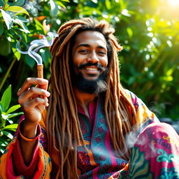 A rastafarian man with long, golden dreadlocks, wearing colorful traditional clothing