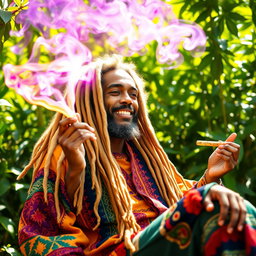 A rastafarian man with long, golden dreadlocks, wearing colorful traditional clothing