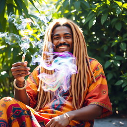 A rastafarian man with long, golden dreadlocks, wearing colorful traditional clothing