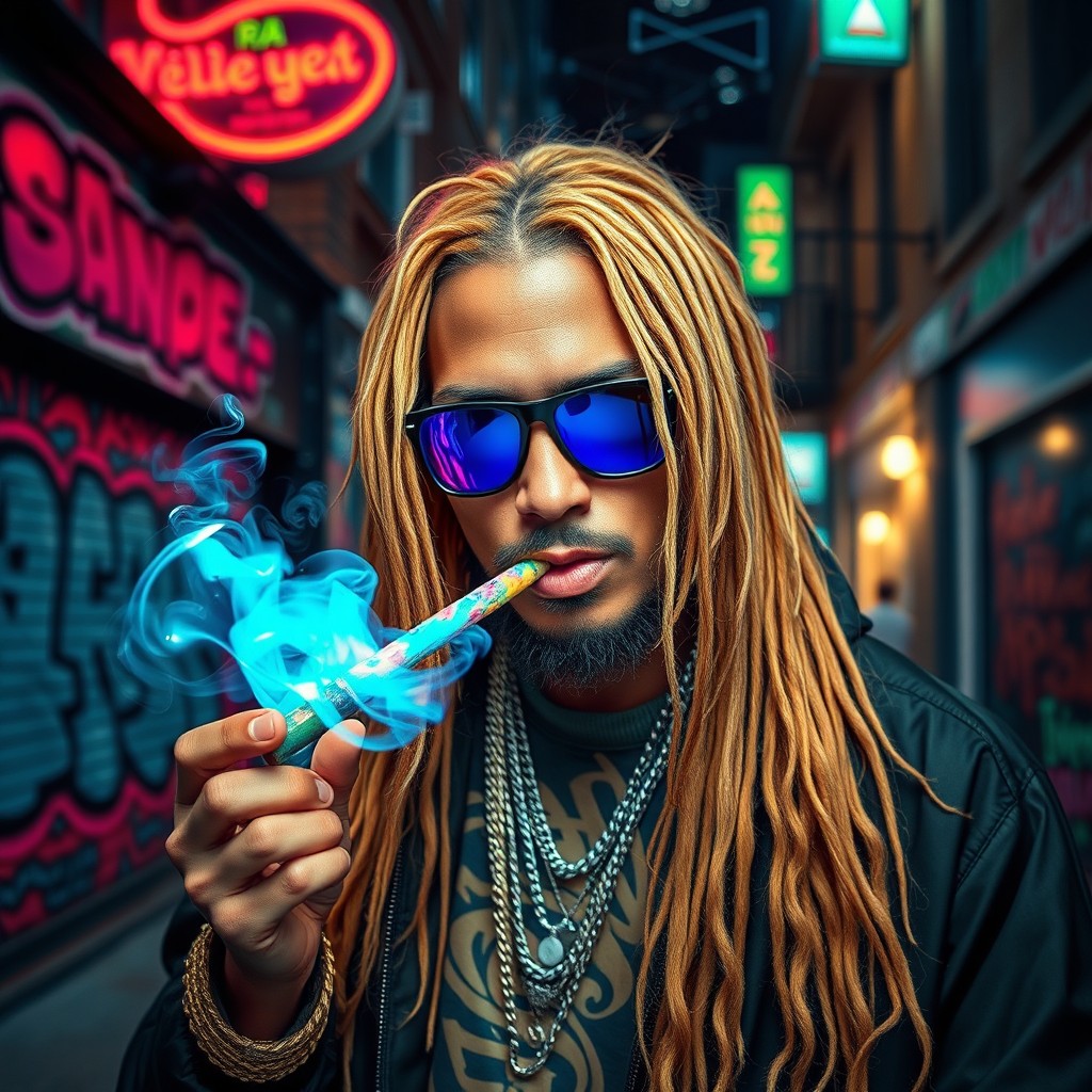 A gangster rapper with long golden locks, wearing a stylish urban outfit and sunglasses, smoking a magical, colorful joint that emits vibrant smoke
