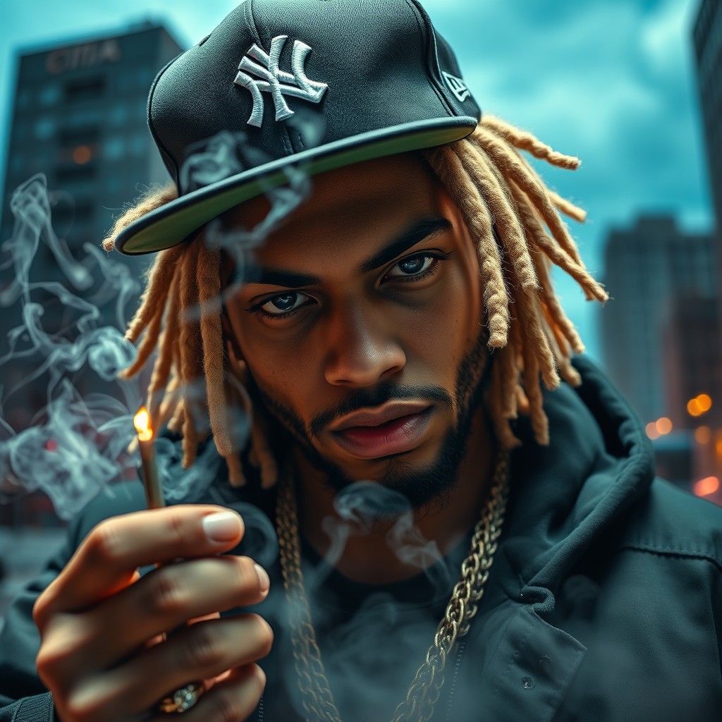 A gangster rapper with golden locks and a New Era cap, exuding confidence and style