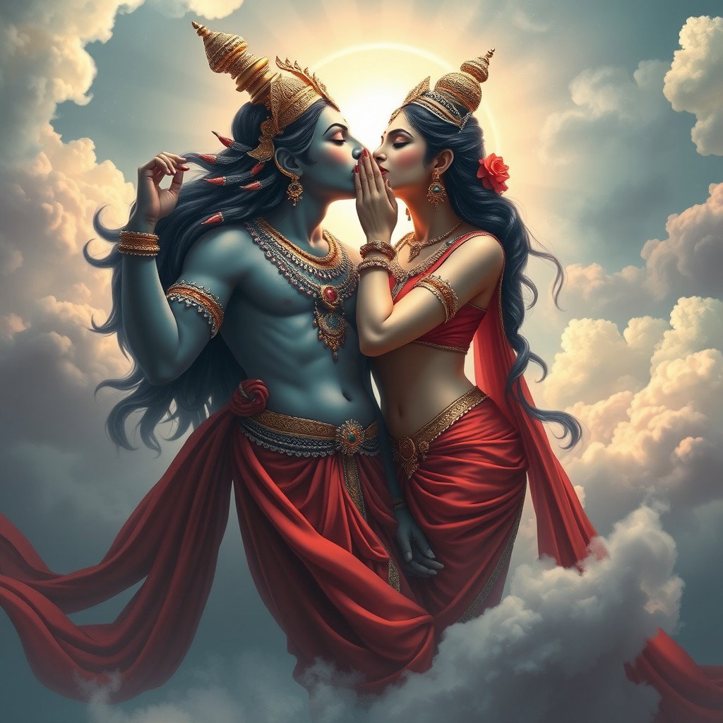 A stunning depiction of a beautiful devi (goddess) in the celestial realm of Swarglok