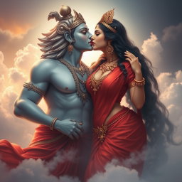 A stunning depiction of a beautiful devi (goddess) in the celestial realm of Swarglok