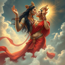 A stunning depiction of a beautiful devi (goddess) in the celestial realm of Swarglok