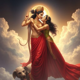 A stunning depiction of a beautiful devi (goddess) in the celestial realm of Swarglok