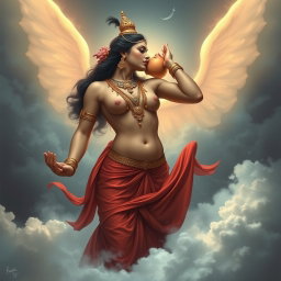 A captivating portrayal of a beautiful devi (goddess) in the celestial realm of Swarglok