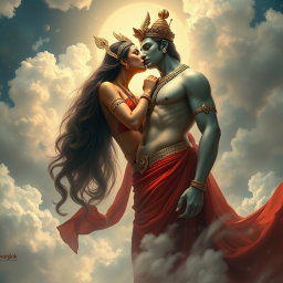 A captivating portrayal of a beautiful devi (goddess) in the celestial realm of Swarglok