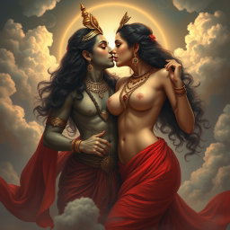 A captivating portrayal of a beautiful devi (goddess) in the celestial realm of Swarglok