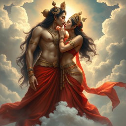 A captivating portrayal of a beautiful devi (goddess) in the celestial realm of Swarglok