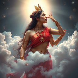A mesmerizing scene depicting a beautiful devi (goddess) in the enchanting realm of Swarglok