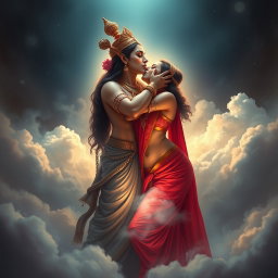 A mesmerizing scene depicting a beautiful devi (goddess) in the enchanting realm of Swarglok