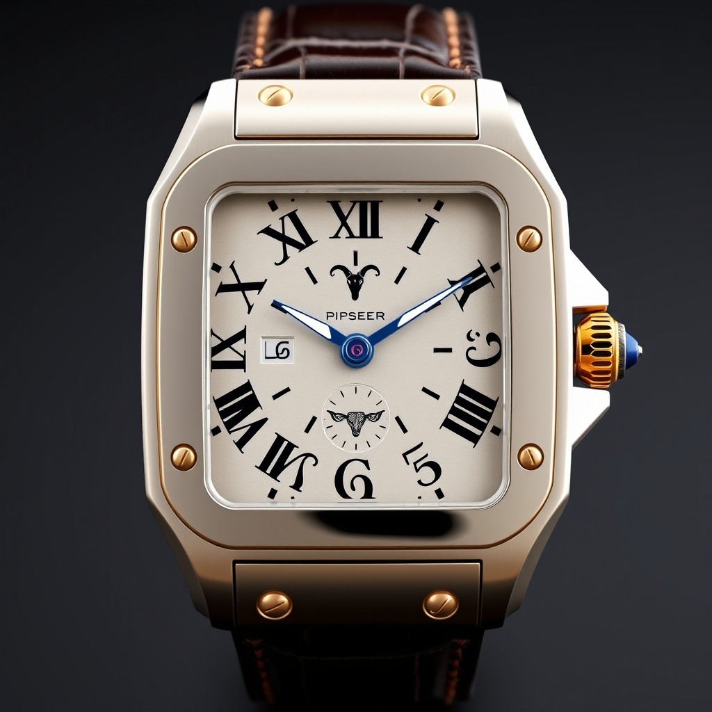 A luxury watch design inspired by the Cartier Santos model, featuring zodiac signs instead of traditional hour numbers