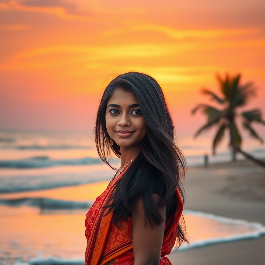 A portrait of a south Indian girl standing on the beach, her full face illuminated by the warm glow of a stunning sunset in the background