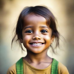 A child with a melancholic aura, yet displaying a radiant smile on their face, creating a sensitive portrayal of complex emotions.