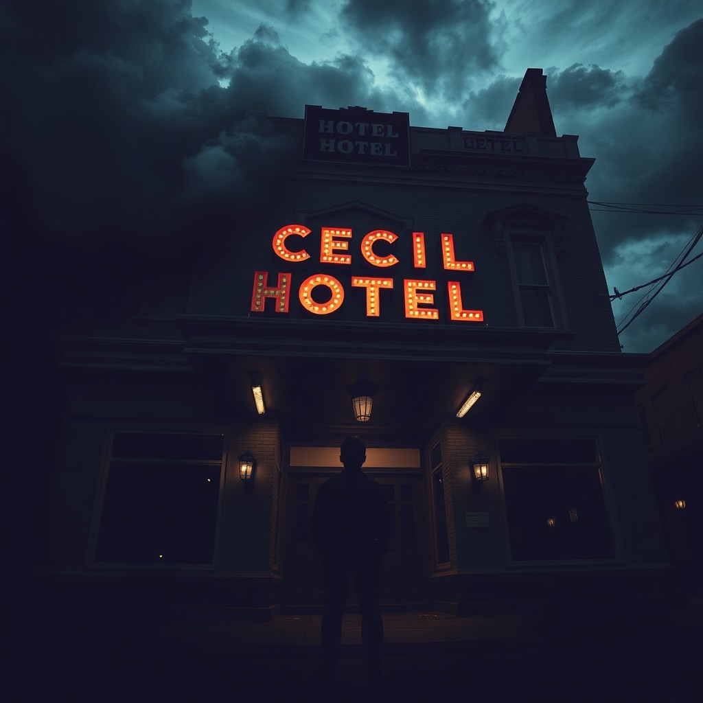 A moody, atmospheric depiction of the infamous Cecil Hotel, showcasing its dark history and eerie aura