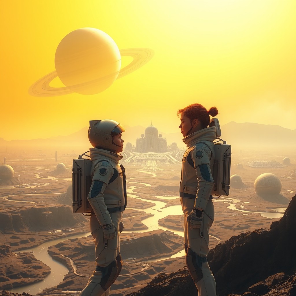 A breathtaking scene on Titan, Saturn's moon, featuring a vibrant yellow sky filled with ethereal hues