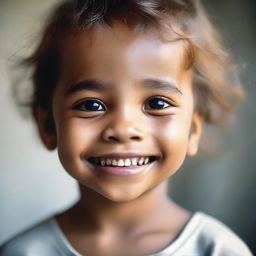 A child with a melancholic aura, yet displaying a radiant smile on their face, creating a sensitive portrayal of complex emotions.