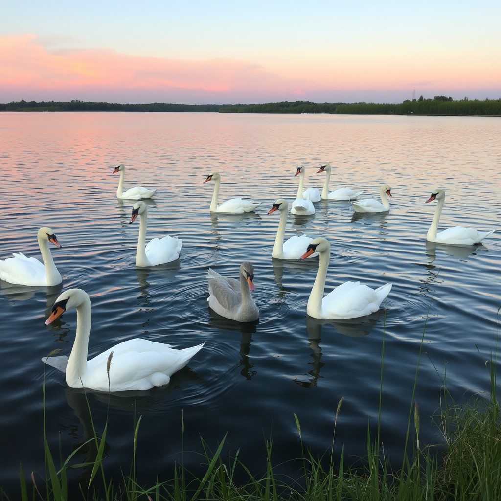 A serene lake scene featuring a single goose among a flock of elegant swans