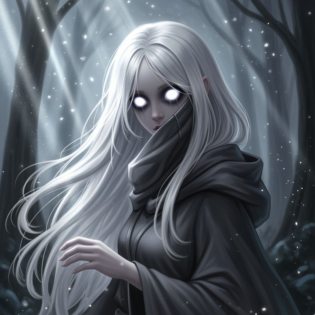 A mystical girl with long, flowing white hair reminiscent of freshly fallen snow, featuring strikingly hollow eye sockets that emit a pure white light, adding an otherworldly quality to her appearance