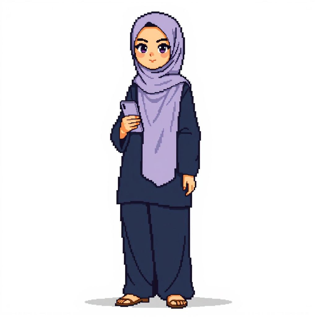 A full-body pixel art character of a young modest woman wearing a dark slate blue tunic and loose pants, with a soft lavender hijab draped over both shoulders