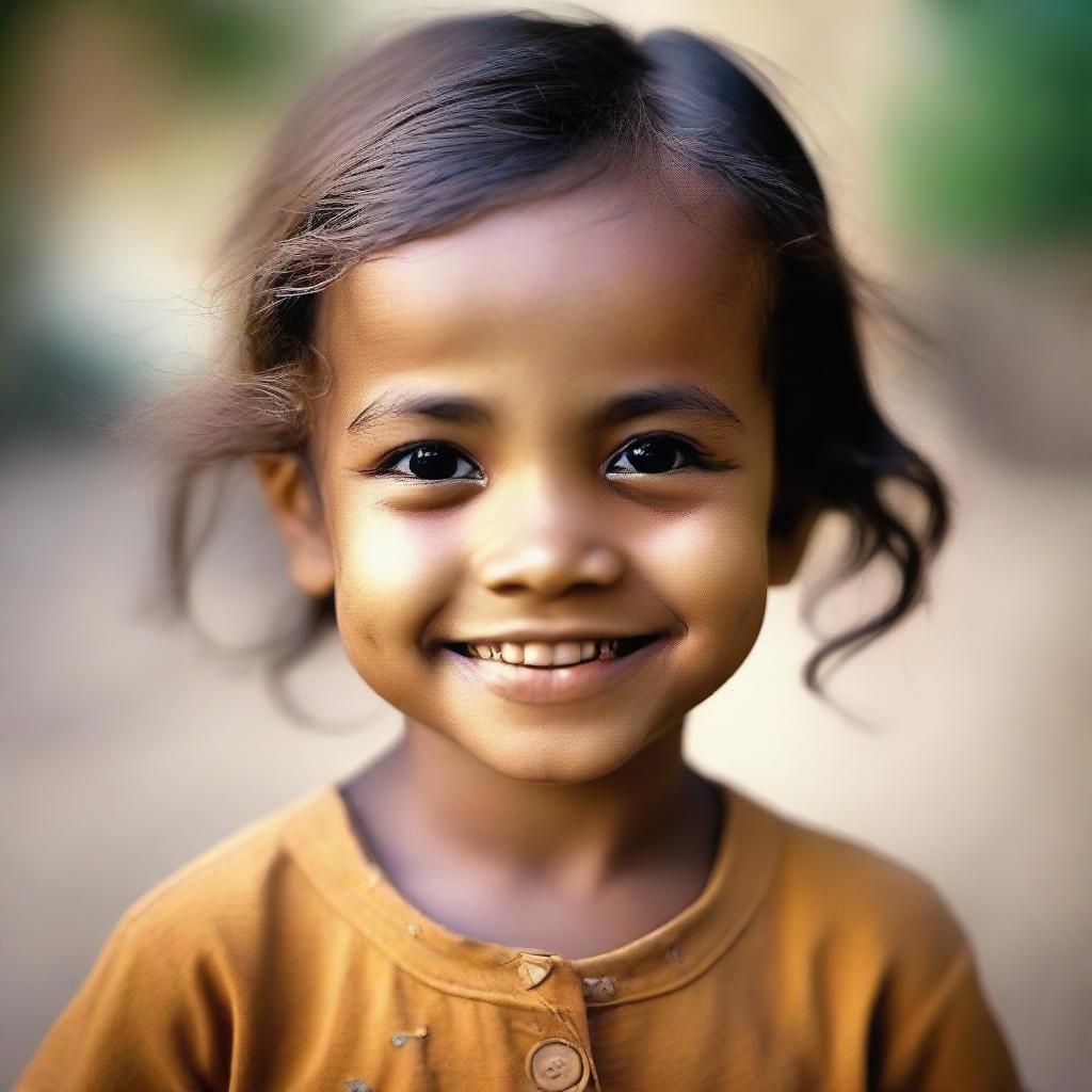 A child with a melancholic aura, yet displaying a radiant smile on their face, creating a sensitive portrayal of complex emotions.