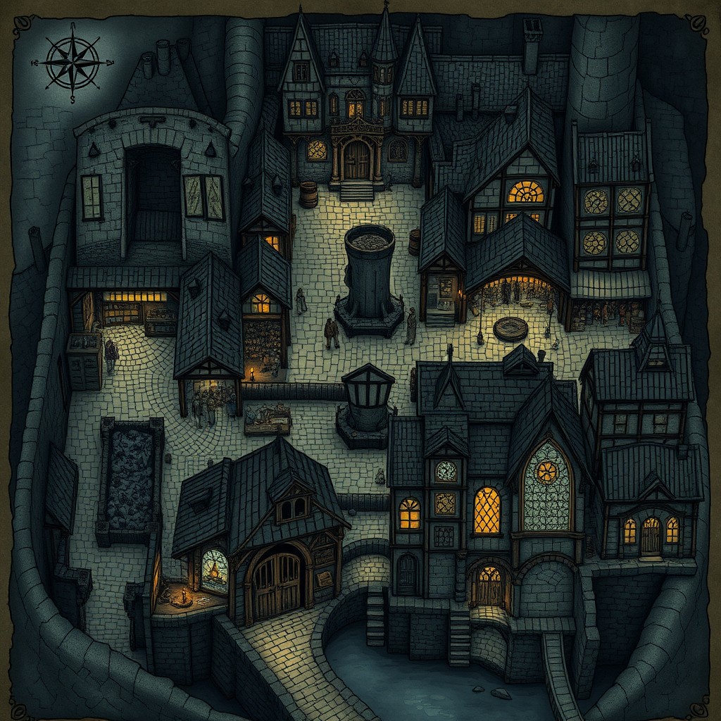 A detailed fantasy map of Garresh, depicting a dark medieval city with ominous stone and wooden buildings