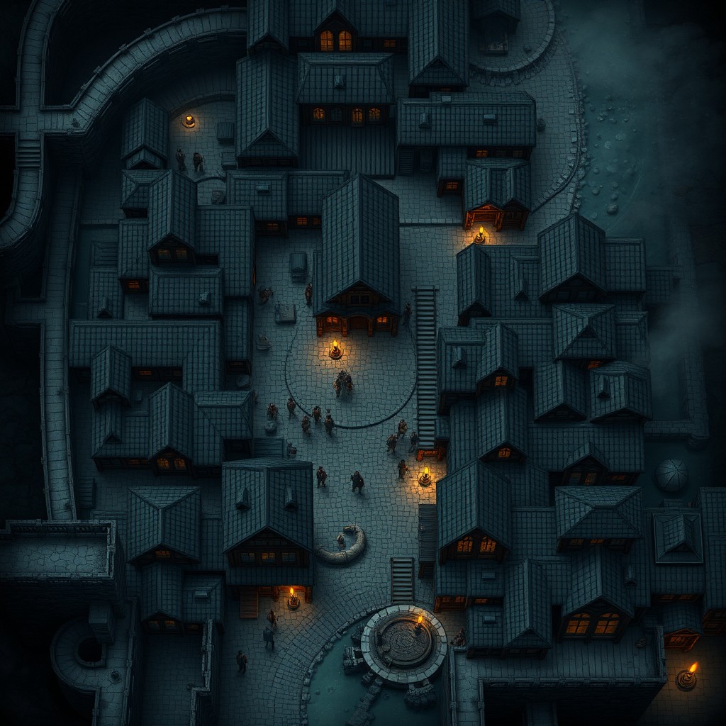 A detailed top-down view fantasy city map of Garresh, a gloomy medieval town characterized by dark stone and wooden buildings, with narrow cobblestone streets winding through densely packed residential quarters