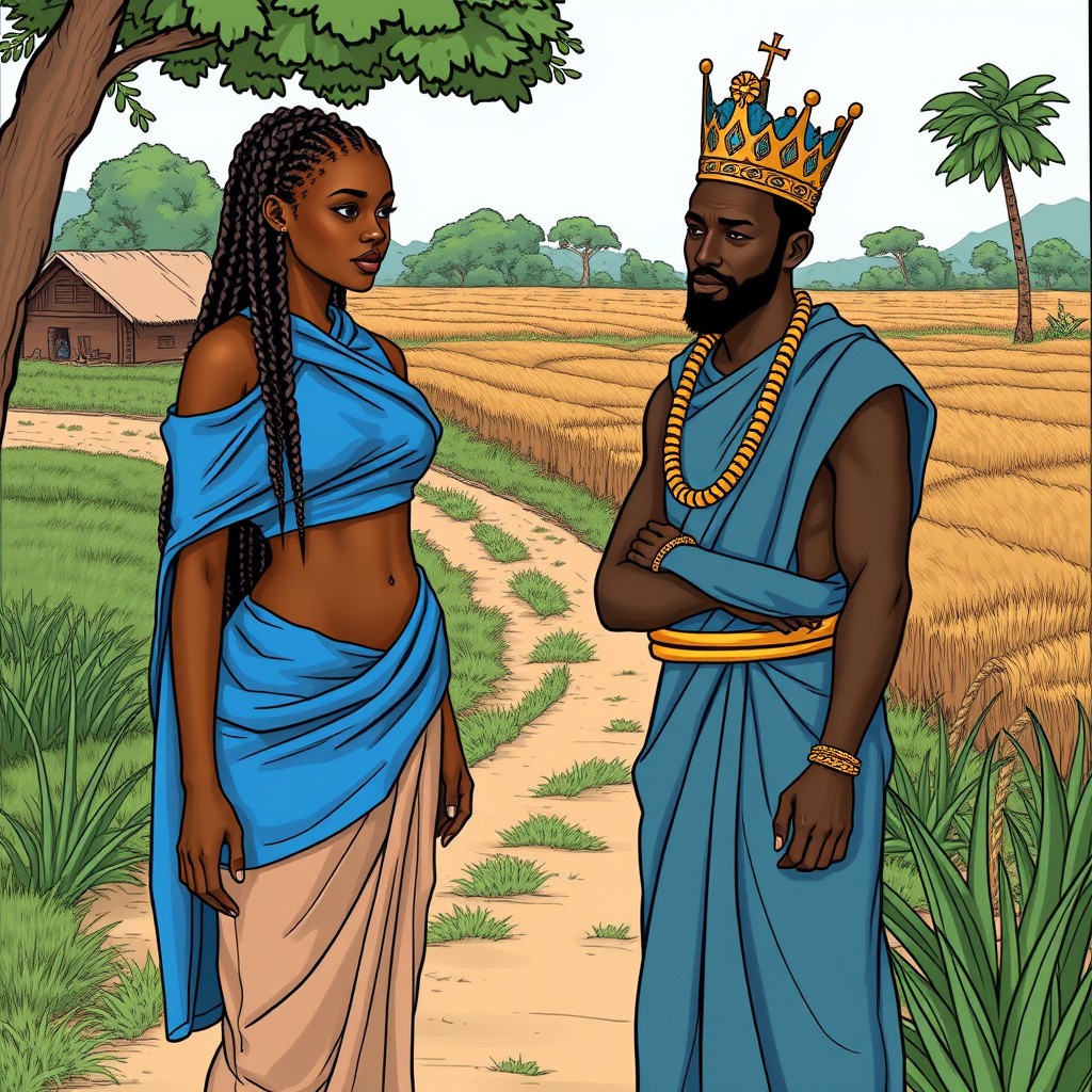 A realistic and illustrated scene of a young African woman, draped in a pure blue fabric around her chest and covering her hips, accentuating her curves
