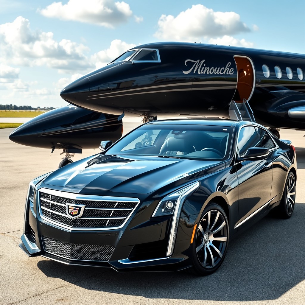 A sleek black Cadillac V16 parked in front of a luxurious black private jet named 'Minouche' at an airport