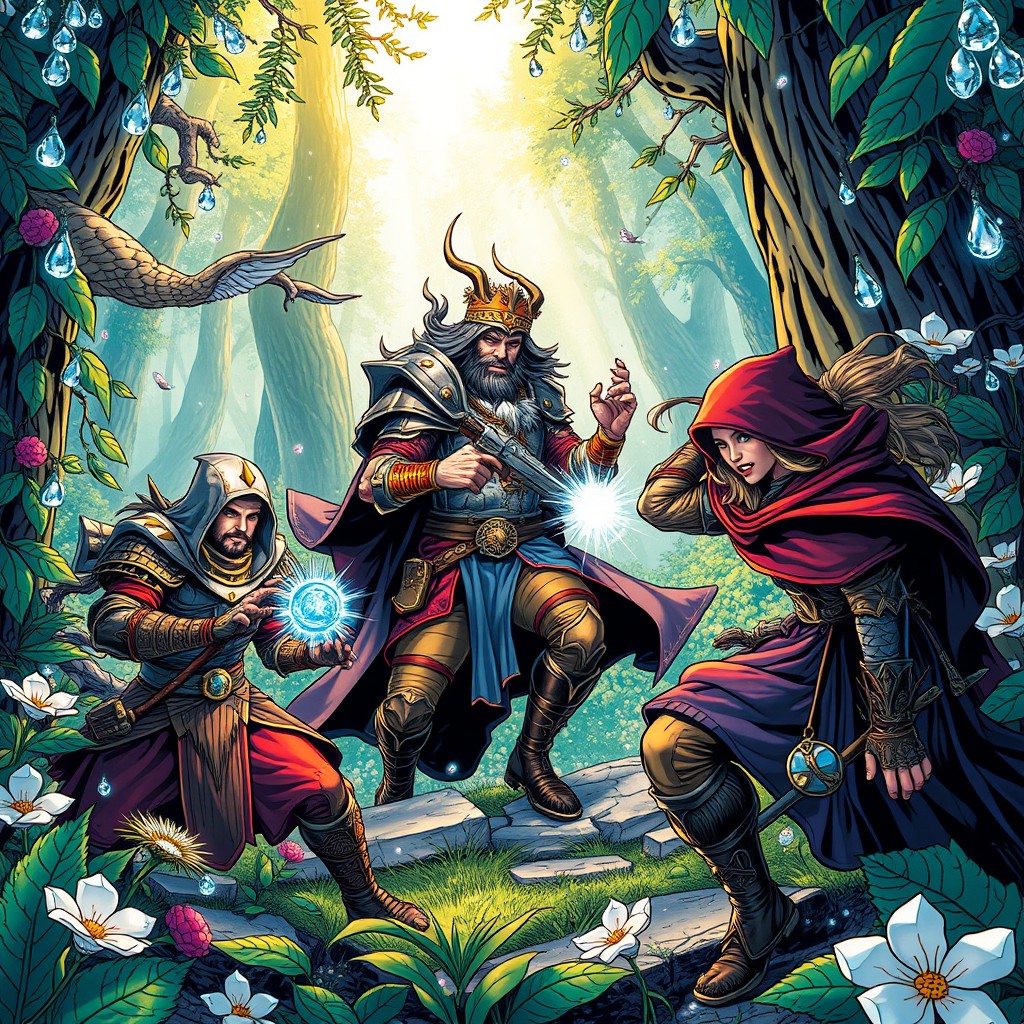 A vibrant comic book style illustration showcasing a fantasy Dungeons & Dragons scene