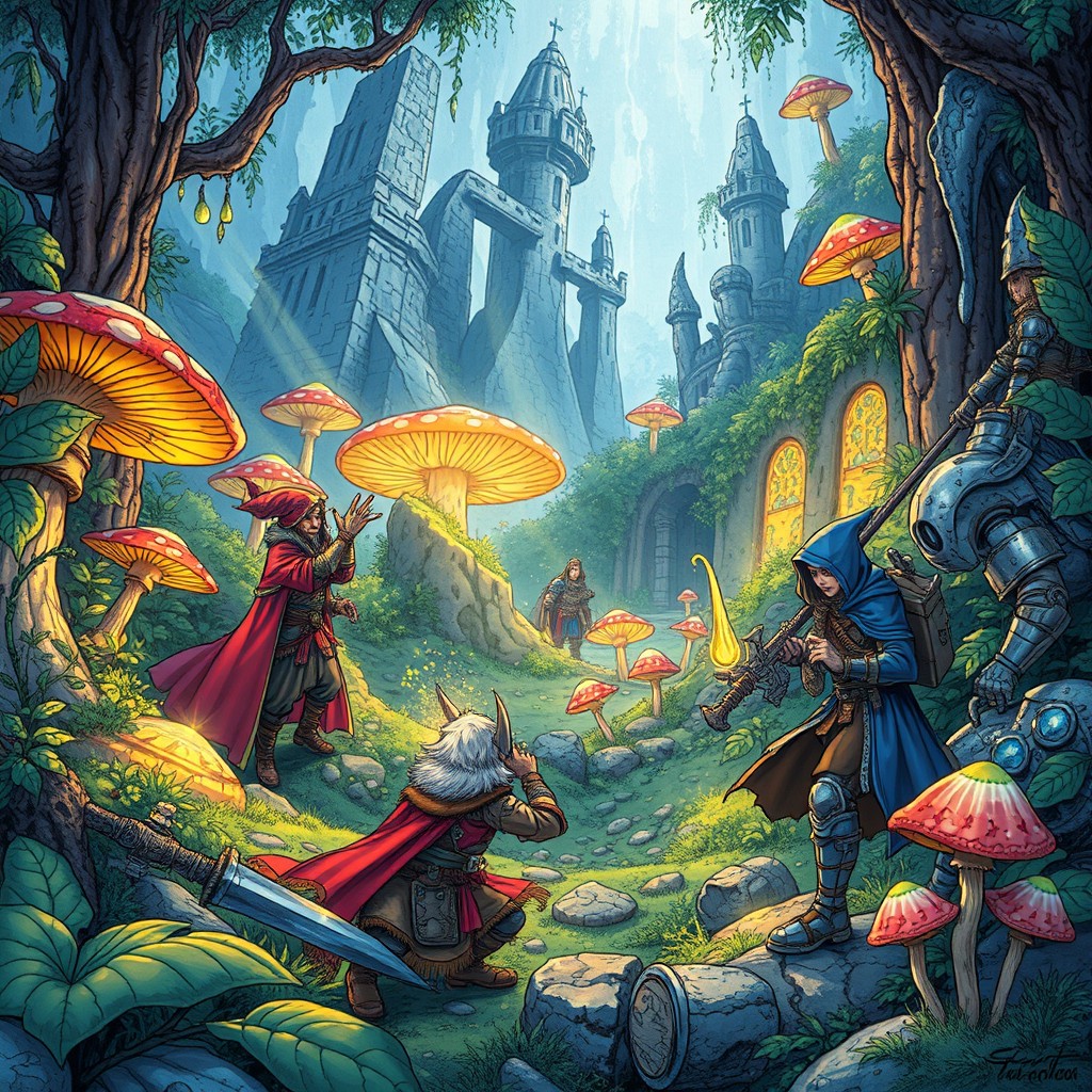 A detailed comic style art piece for Dungeons and Dragons featuring a vibrant fantasy scene with characters engaged in adventure
