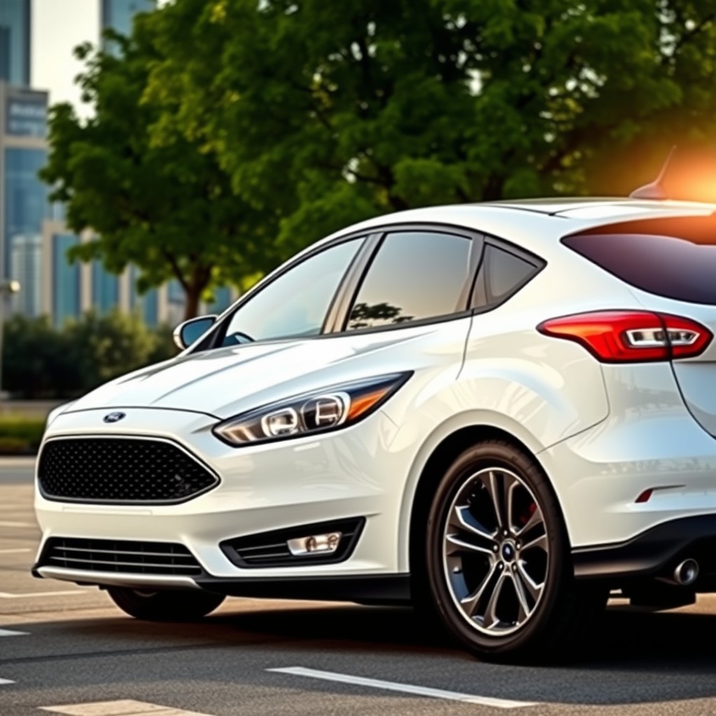 A stunning, pristine white Ford Focus parked in an urban setting, showcasing its sleek, modern design