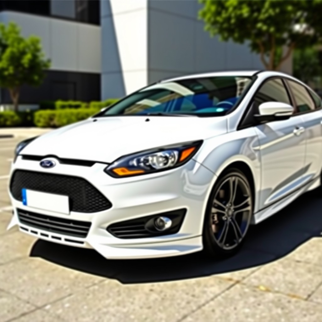 A sleek and stylish white 2014 Ford Focus with black detailing, highlighting the elegant design of the vehicle