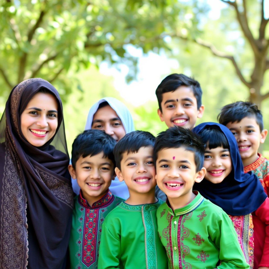 A joyful Iranian family of five, showcasing a loving atmosphere