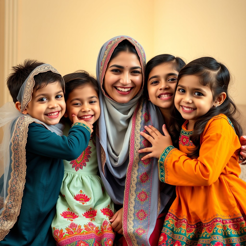 A happy Persian family portrait featuring three cheerful children and their veiled mother