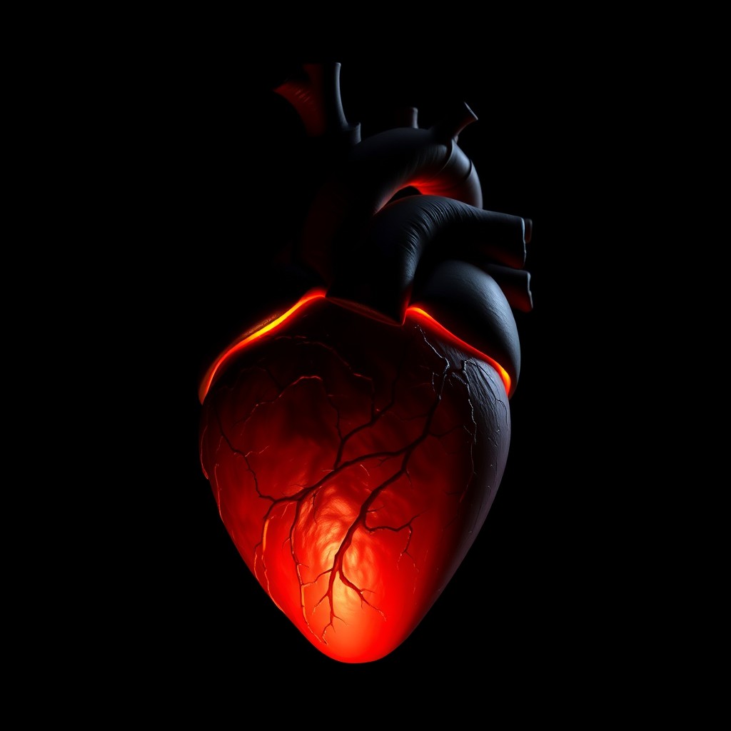 An artistic depiction of a human heart, beautifully detailed and anatomically accurate, positioned against a solid black background